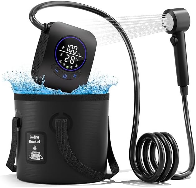 Moriko Portable Shower for Camping, 8000mAh Rechargeable Camping Shower Pump, 5 Shower Modes & IPX8 Waterproof, 5 Gallons Foldable Bucket, Outdoor Shower for Hiking, Travel, Car, Pet, Beach, RV, Boat Moriko Portable Shower for Camping, 8000mAh Rechargeable Camping Shower Pump, 5 Shower Modes & IPX8 Waterproof, 5 Gallons Foldable Bucket, Outdoor Shower for Hiking, Travel, Car, Pet, Beach, RV, Boat